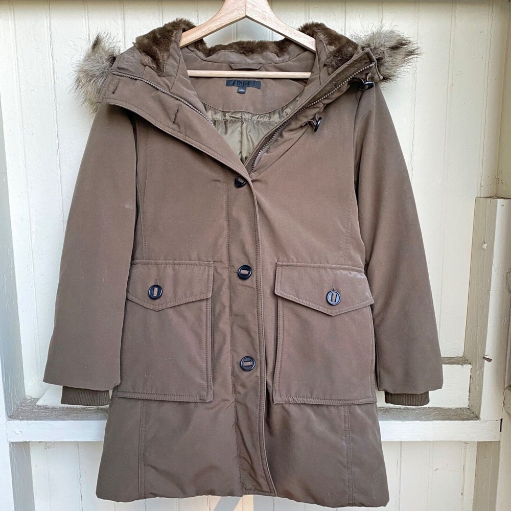 Uniqlo Ultra Warm Down Parka Heat Tech Olive Jacket Fur Hood Coat Sz S LIKE NEW
